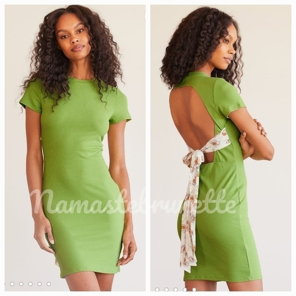 Nwt Lulu's Lime Green Ribbed Tie-Back Bodycon Mini Dress - Picture 1 of 17